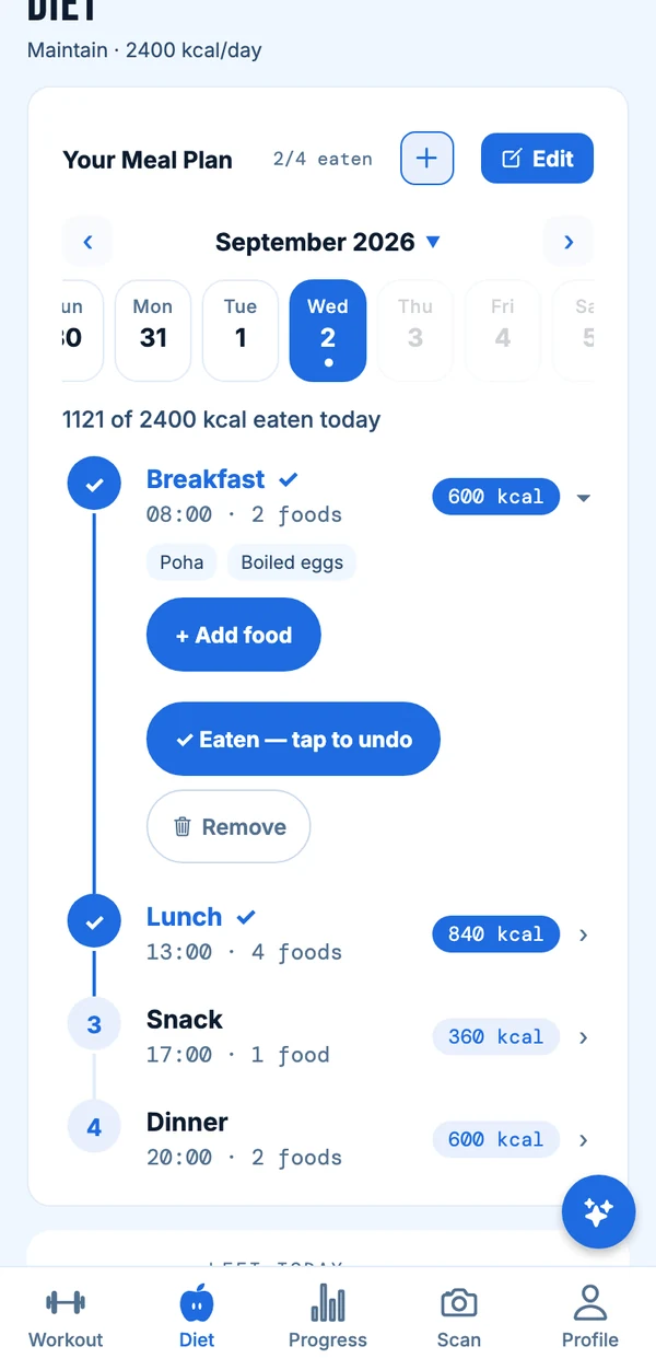 The Kaloriq diet screen with a day of Indian meals logged