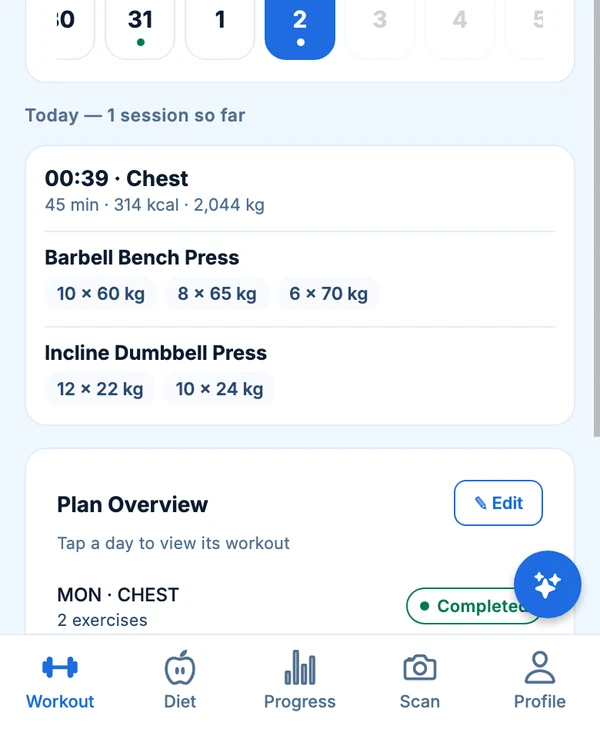 The Kaloriq workout screen showing a streak and a logged session